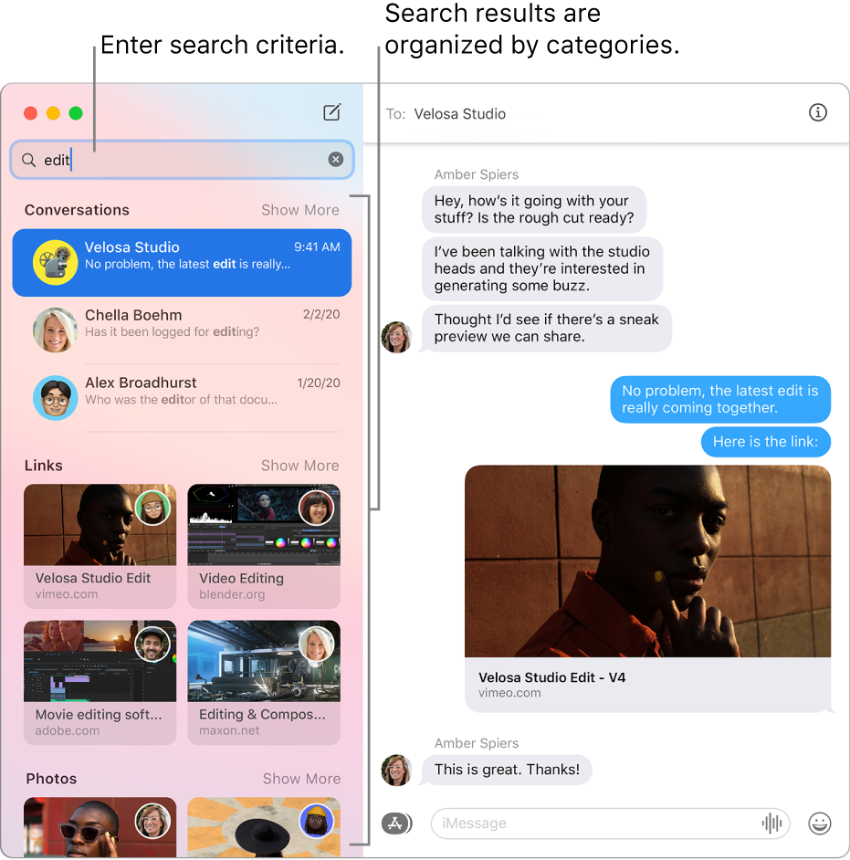 The Messages window with search criteria entered in the search field in the top-left corner. Search results are organized below that by categories such as Conversations, Links, and Photos.