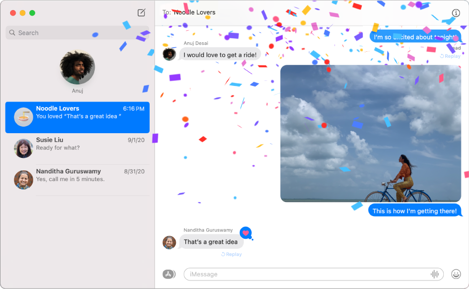 The Messages window with several conversations listed in the sidebar at the left, and a conversation showing at the right. The conversation includes confetti message effects, a photo, and a Tapback on the last message.