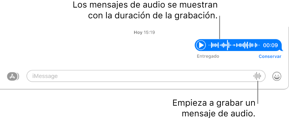 Una conversación en la ventana de Mensajes mostrando el botón “Grabar audio” junto al campo de texto en la parte inferior de la ventana. Un mensaje de audio aparece con su duración registrada en la conversación.