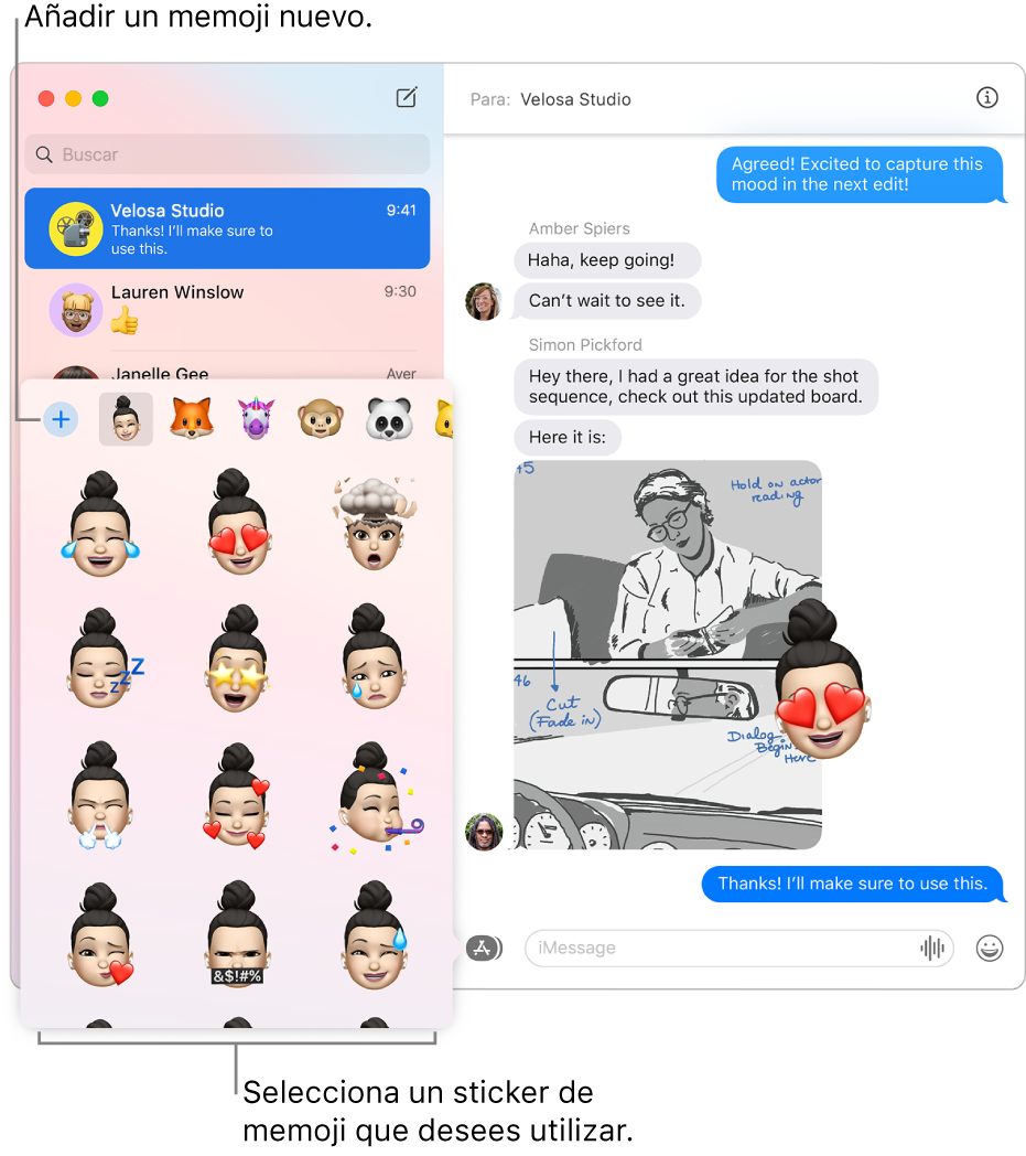 La ventana de Mensajes con una lista de conversaciones en la barra lateral de la izquierda y una conversación a la derecha. Al seleccionar stickers de Memoji desde el botón Apps, puedes elegir un sticker de Memoji para usarlo, o bien, puedes crear un nuevo Memoji.