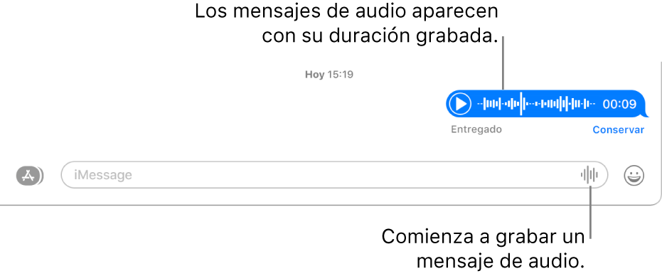 Una conversación en la ventana de Mensajes, con el botón de grabar audio junto al campo de texto mostrado en la parte inferior de la ventana. En la conversación aparece un mensaje de audio con la duración de la grabación.