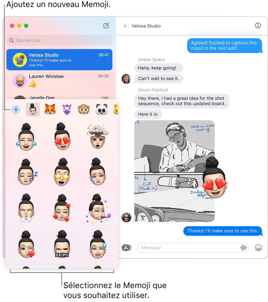 La fenêtre Messages avec plusieurs conversations dans la barre latérale de gauche, ainsi qu’une conversation ouverte sur la droite. Lorsque vous choisissez des autocollants Memoji à partir du bouton Apps, vous pouvez choisir d’utiliser un autocollant Memoji ou en créer un nouveau.