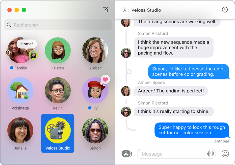 L’app Messages avec plusieurs conversations épinglées sur le côté gauche de la fenêtre.