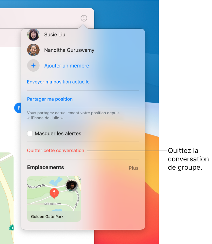 La présentation Détails s’affichant après que vous avez cliqué sur le bouton Détails dans une conversation de groupe. L’option Quitter cette conversation se situe vers le bas de la zone de dialogue.