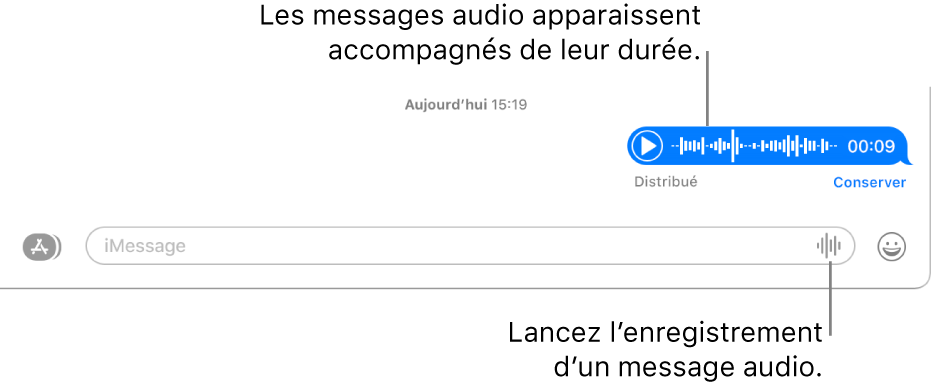 Une conversation dans la fenêtre Messages avec le bouton « Enregistrer l’audio » en regard de la zone de texte au bas de la fenêtre. Un message audio s’affiche avec sa durée dans la conversation.