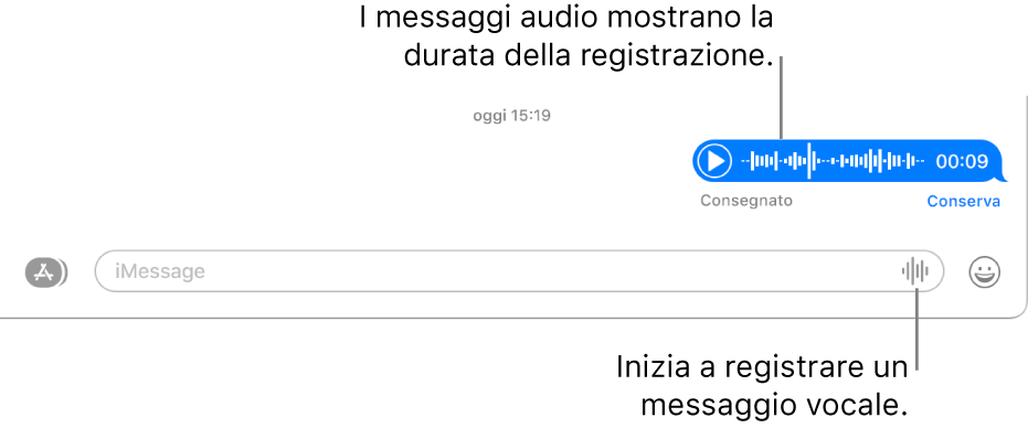 Una conversazione nella finestra Messaggi. È visualizzato il pulsante “Registra audio” accanto al campo di testo nella parte inferiore della finestra. Nella conversazione viene visualizzato messaggio audio con la durata della registrazione.