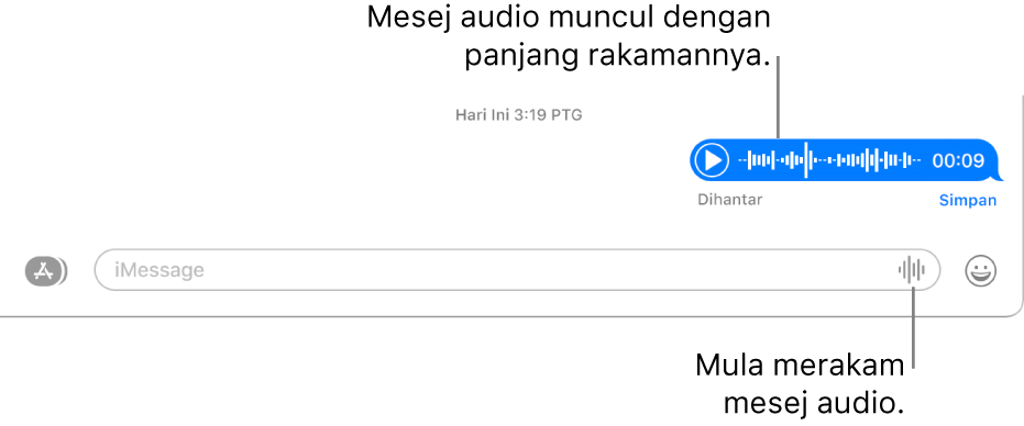Perbualan dalam tetingkap Mesej menunjukkan butang Rakam Audio bersebelahan medan teks di bahagian bawah tetingkap. Mesej audio muncul dengan panjang rakamannya dalam perbualan.