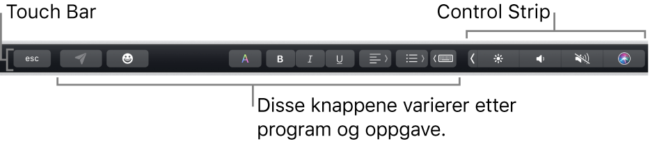 Touch Bar langs toppen av tastaturet, som viser minimert Control Strip til høyre, og knapper som varierer etter program eller oppgave.