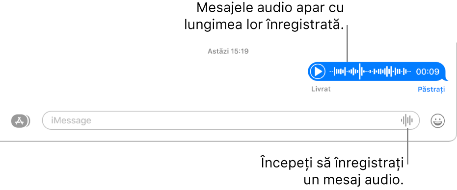 O conversație din fereastra Mesaje, afișând butonul “Înregistrează audio” lângă câmpul de text din partea de jos a ferestrei. Un mesaj audio apare cu lungimea înregistrată în conversație.