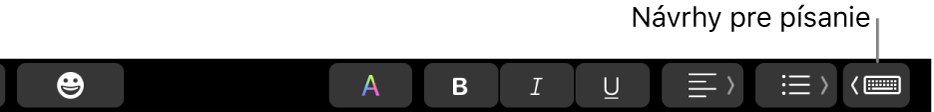 Touch Bar s tlačidlom na zobrazovanie návrhov pre písanie na pravom konci.