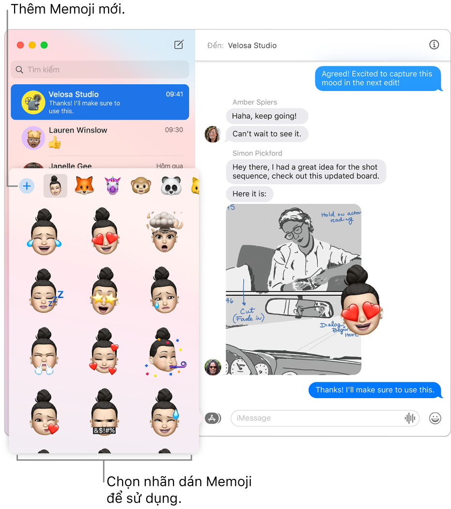 Cửa sổ Tin nhắn với một vài cuộc hội thoại được liệt kê trên thanh bên ở bên trái và một cuộc hội thoại đang hiển thị ở bên phải. Khi chọn Nhãn dán Memoji từ nút Ứng dụng, bạn có thể chọn nhãn dán Memoji để sử dụng hoặc tạo Memoji mới.
