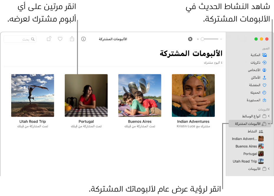 نافذة الصور تعرض خيار "الألبومات المشتركة" محددًا في الشريط الجانبي وتظهر ألبومات مشتركة على اليسار.