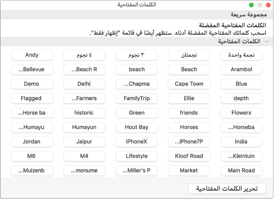 كلمات مفتاحية في نافذة مدير الكلمات المفتاحية.