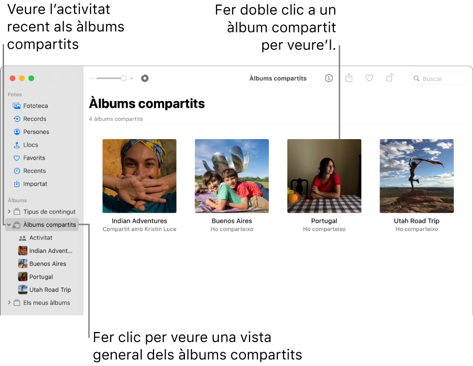 La finestra de l’app Fotos on es mostra la vista “Àlbums compartits” seleccionada a la barra lateral i els àlbums compartits a la dreta.