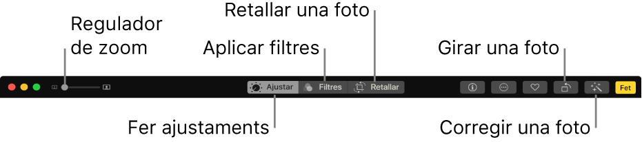 La barra d’eines d’edició amb un regulador de zoom i els botons per fer ajustos, afegir filtres, retallar fotos, girar-les i millorar-les.