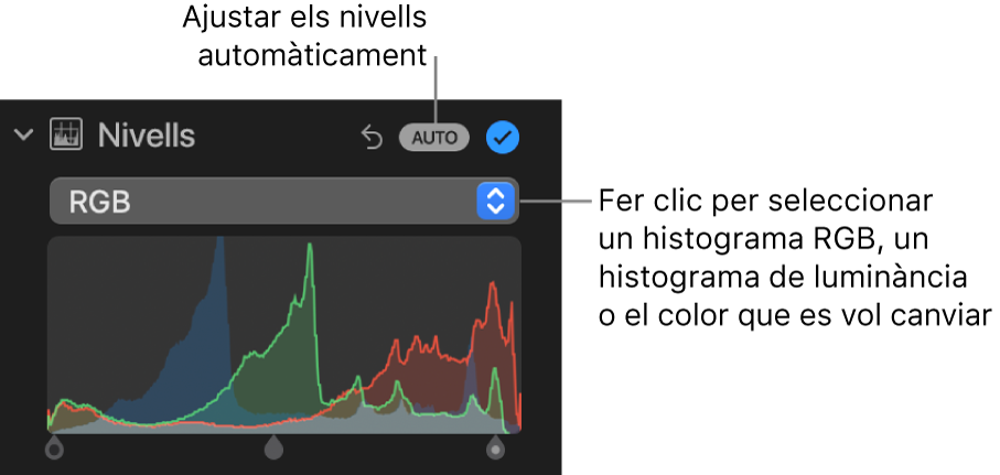 Els controls de Nivells del tauler Ajustar, amb el botó Automàtic a la part superior dreta i l’histograma corresponent a RGB a sota.