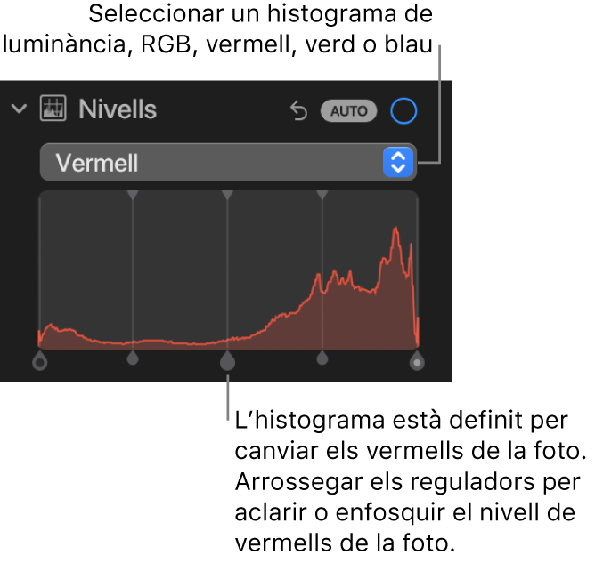 Els controls de Nivells al tauler Ajustar, que mostren l’histograma corresponent als vermells amb marcadors a sota per ajustar els nivells de vermell de la foto.