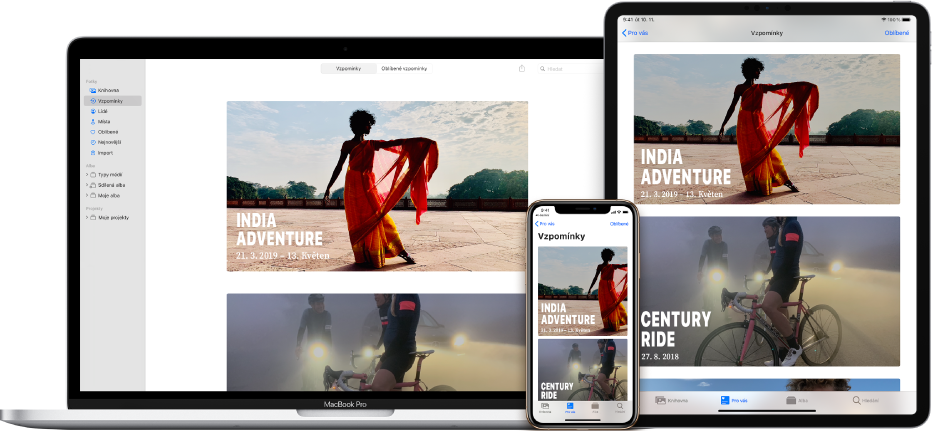 iPhone, MacBook a iPad se stejnými fotografiemi na obrazovkách
