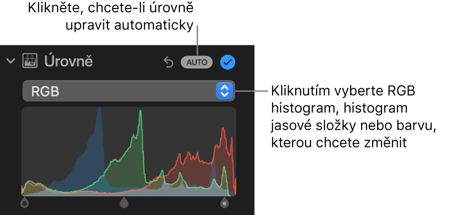 Ovládací prvky Úrovně na panelu Úpravy s tlačítkem Automaticky vpravo nahoře a RGB histogramem dole