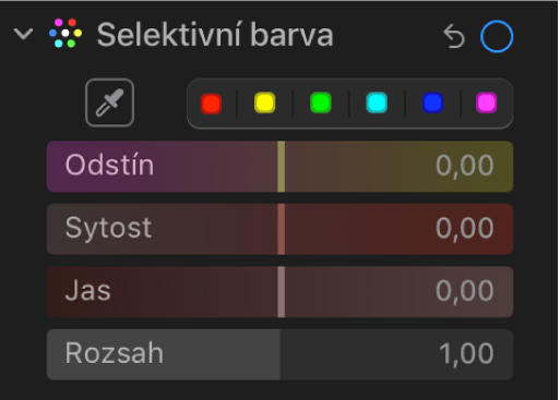 Ovládací prvky Selektivní barva na panelu Úpravy s jezdci Odstín, Sytost, Jas a Rozsah