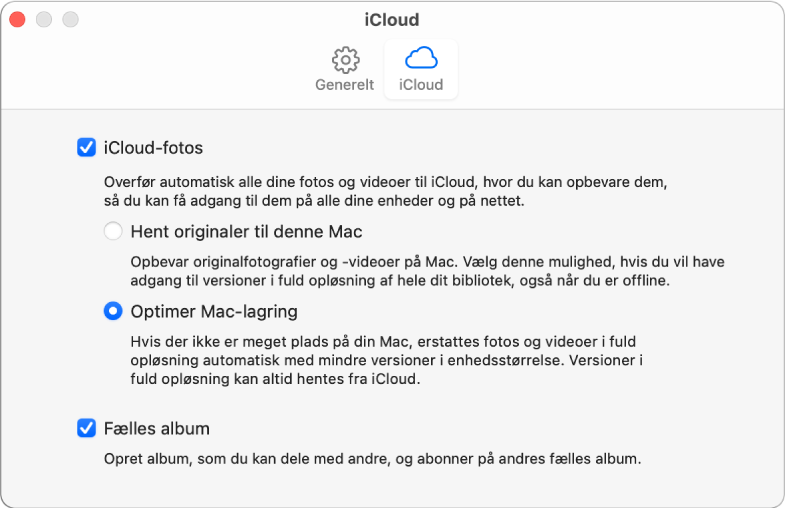 Vinduet iCloud i Fotos-indstillinger.