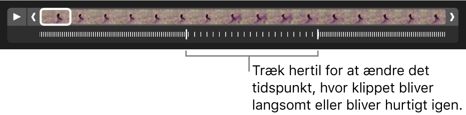 Et videoklip i slowmotion med håndtag, du kan trække for at ændre det punkt, hvor videoen bliver langsommere og derefter hurtigere.