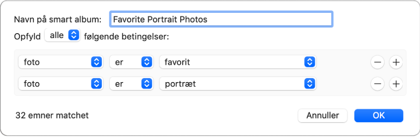 En dialog, der viser kriterier til et smart album, som indsamler portrætfotografier, der er markeret som favoritter.