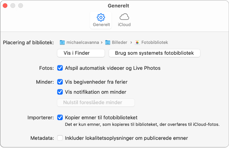 Vinduet Generelt i Fotos-indstillinger.