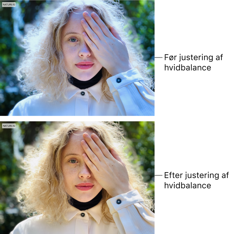Et fotografi før og efter justering af hvidbalance.