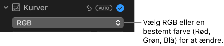 Betjeningsmulighederne til Kurver i vinduet Juster, der viser RGB valgt på lokalmenuen.