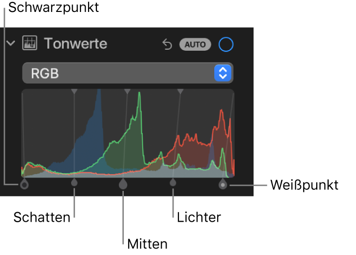 Die Steuerungen „Tonwerte“ im Bereich „Anpassen“ mit dem RGB-Histogramm und Aktivpunkten unten, zu denen (von links nach rechts) Schwarzpunkt, Schatten, Mitteltöne, Glanzlichter und Weißpunkt gehören.