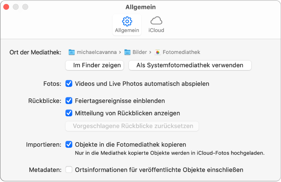 Bereich „Allgemein“ der Einstellungen für die App „Fotos“.