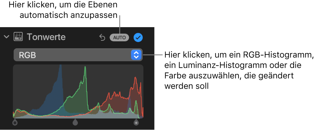 Die Steuerungen „Tonwerte“ im Bereich „Anpassen“ mit der Taste „AUTO“ rechts oben und dem RGB-Histogramm unten.