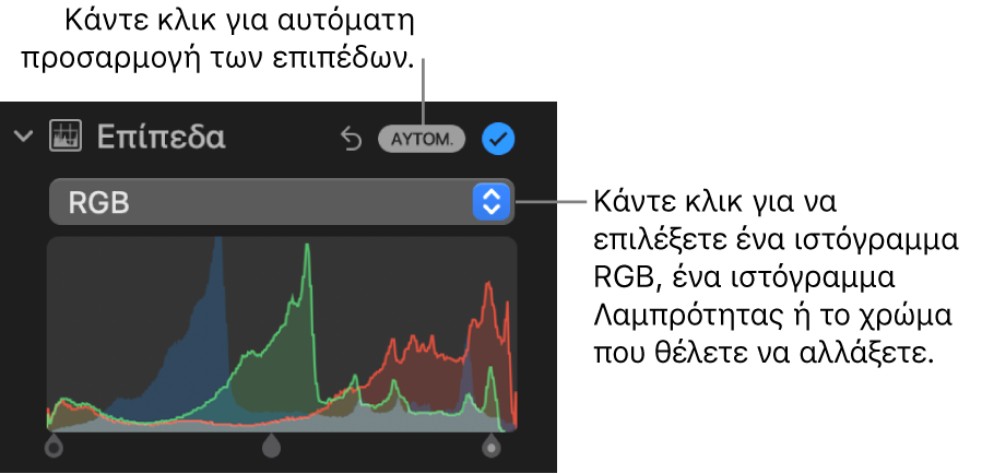 Τα χειριστήρια «Επίπεδα» στο τμήμα «Προσαρμογή», με το κουμπί «Αυτόματα» πάνω δεξιά και το ιστόγραμμα RGB από κάτω.