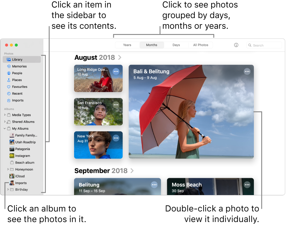 The Photos window showing Months selected in the toolbar and photos organised by month appearing in the main area of the window. On the left is the sidebar, where you can select albums and projects.