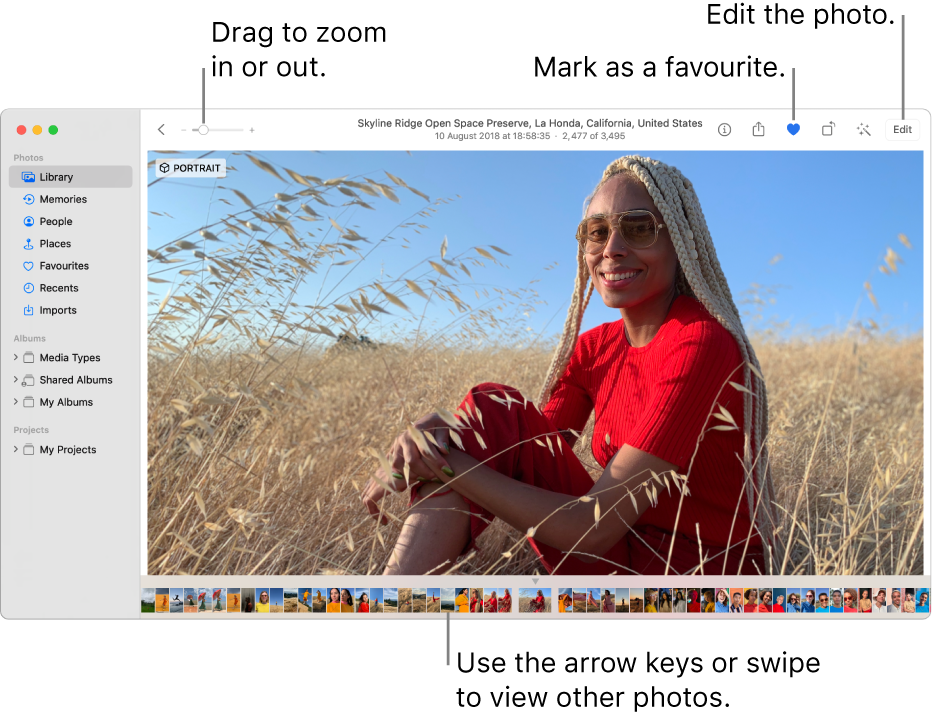 The Photos window showing an enlarged photo on the right with a row of thumbnails below. The toolbar at the top includes the Zoom slider, Favourite button and Edit button.