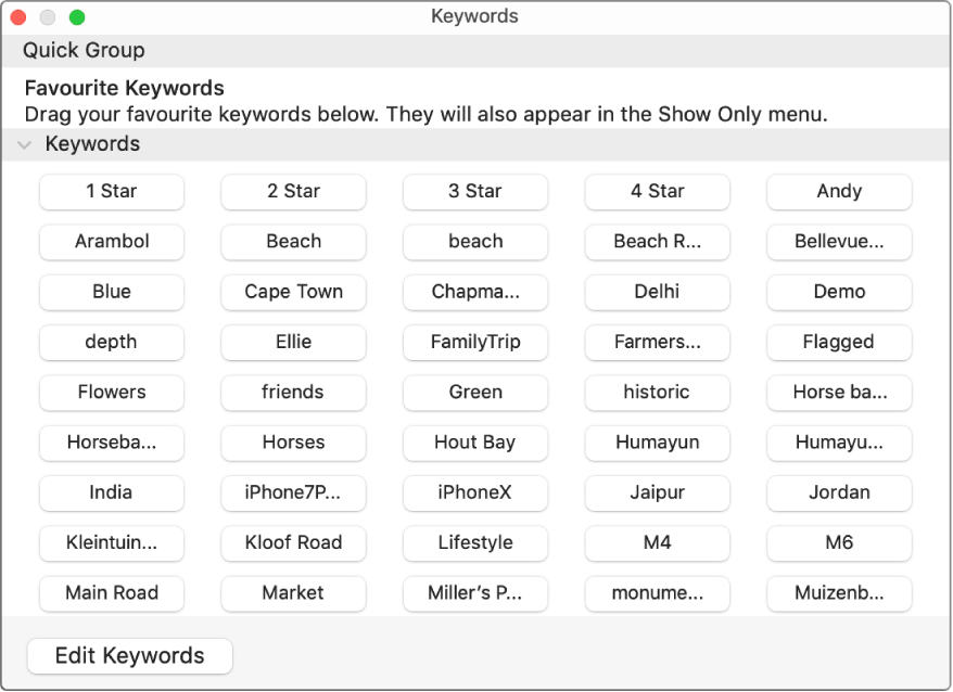 Keywords in the Keyword Manager window.