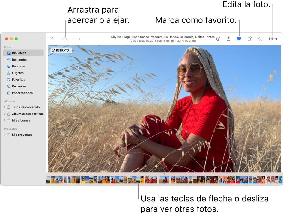 La ventana de Fotos mostrando una foto agrandada a la derecha, con una fila de miniaturas debajo. La barra de herramientas en la parte superior incluye el regulador Zoom, el botón Favoritos y el botón Editar.