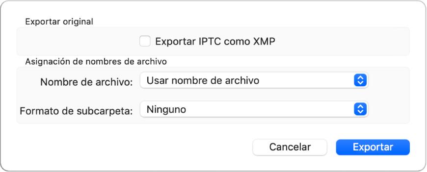 Un diálogo que muestra opciones para exportar archivos de fotos en su formato original.