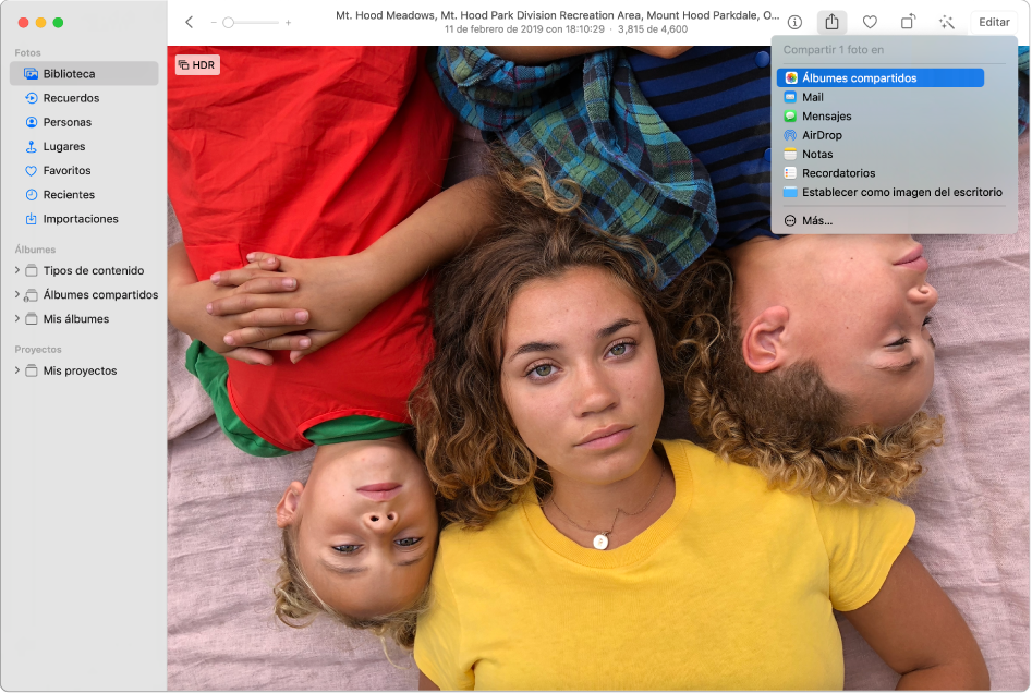 La ventana Fotos mostrando una foto y el menú Compartir con el comando Álbumes compartidos seleccionado.