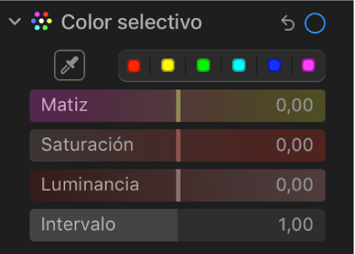 Los controles de “Color selectivo” en el panel Ajustar con los reguladores Matiz, Saturación, Luminancia e Intervalo.