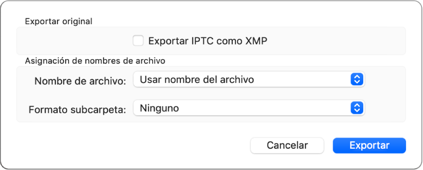 Un cuadro de diálogo en el que se muestran opciones para exportar los archivos de foto en su formato original.