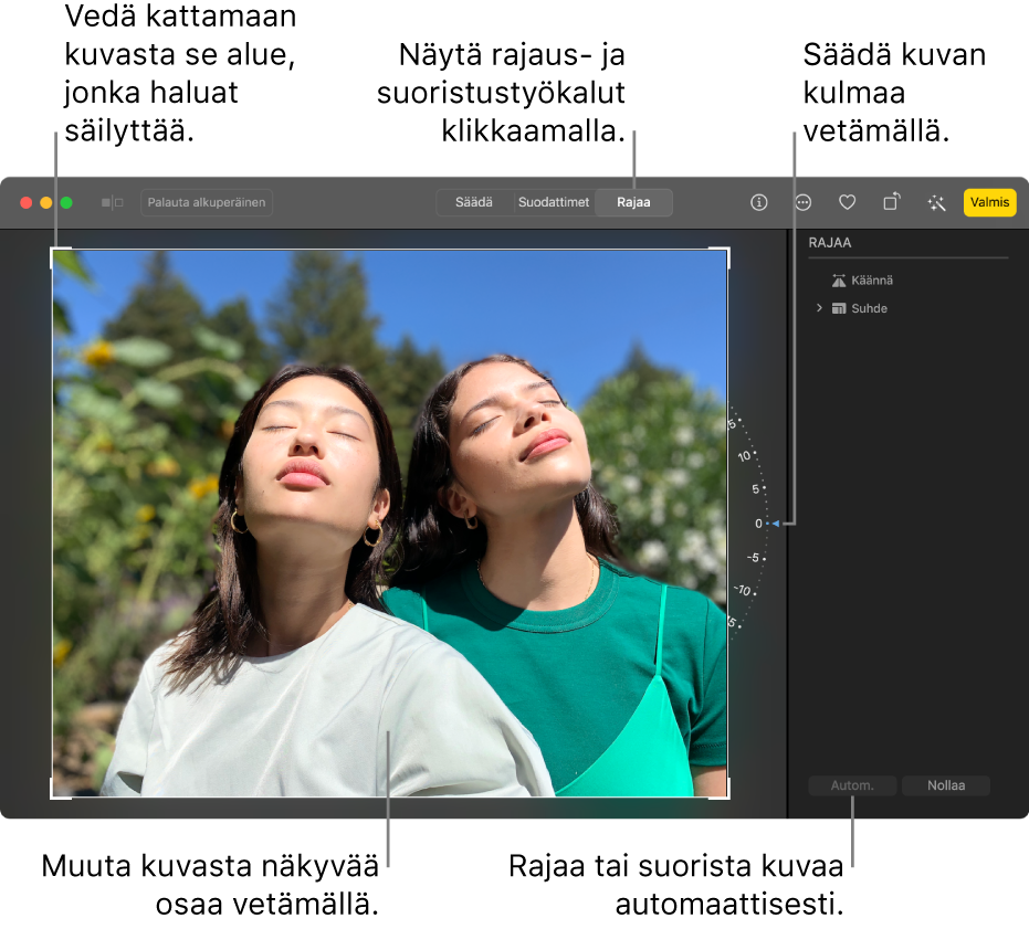 Kuva muokkausnäkymässä. Työkalupalkissa on valittuna Rajaa, valintanelikulmio kuvan ympärillä, kuvan oikealla puolella kulman säätöympyrä ja alaoikealla Automaattinen-painike.