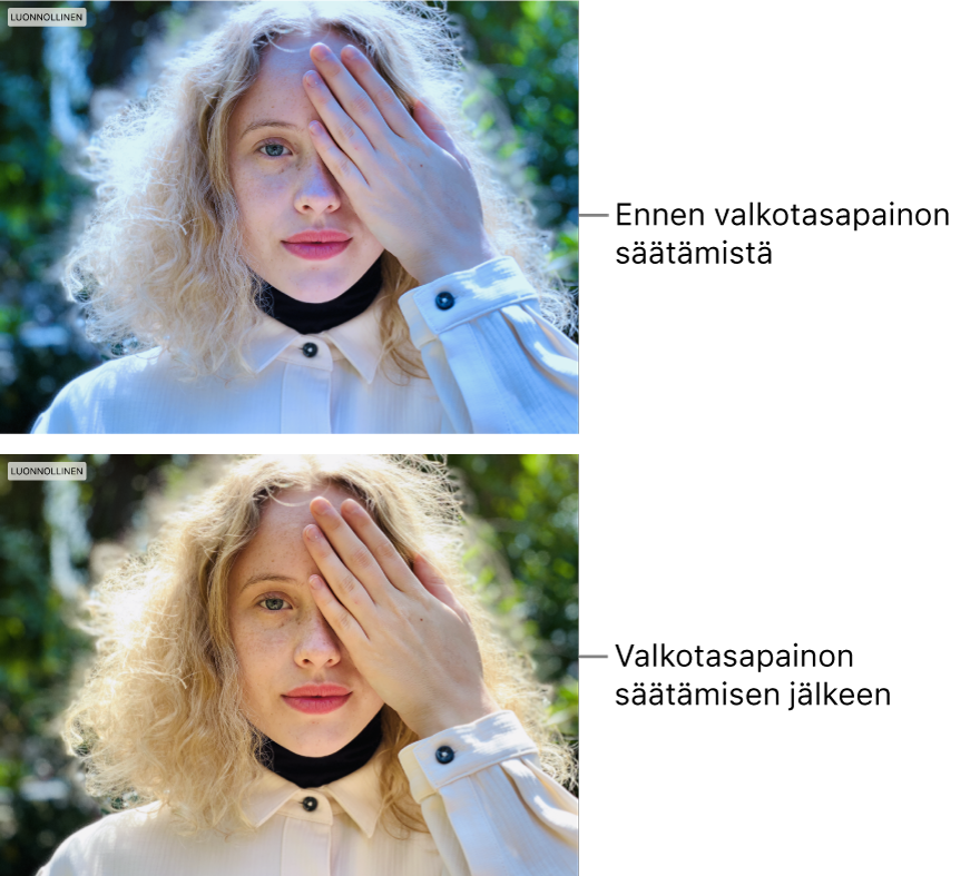 Kuva ennen ja jälkeen valkotasapainon säätöä.