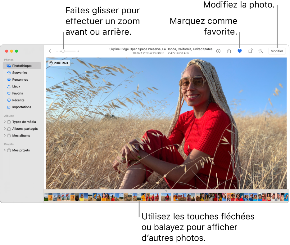 La fenêtre Photos affichant une photo élargie sur la droite avec une rangée de vignettes en dessous. La barre d’outils en haut inclut le curseur Zoom, le bouton Favori et le bouton Modifier.