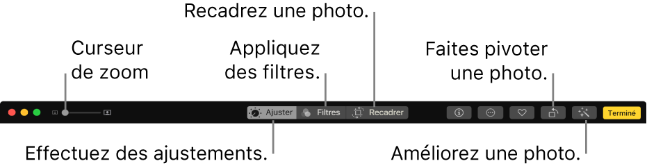 La barre d’outils de modification montrant un curseur de zoom et des boutons permettant de procéder à des ajustements, d’ajouter des filtres et de recadrer, faire pivoter et améliorer des photos.