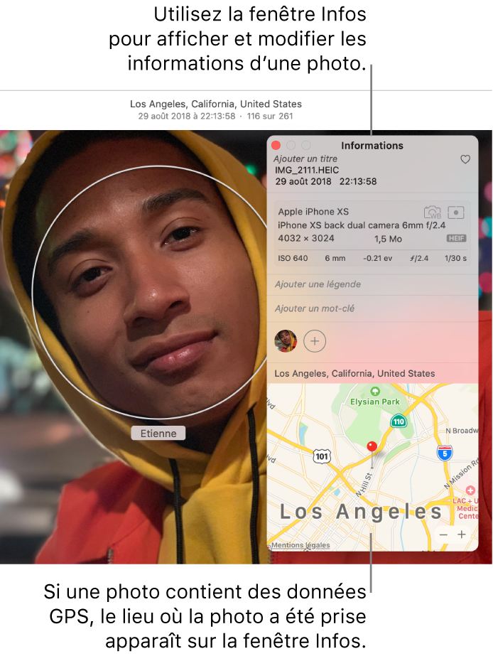 La fenêtre d’informations d’une photo.