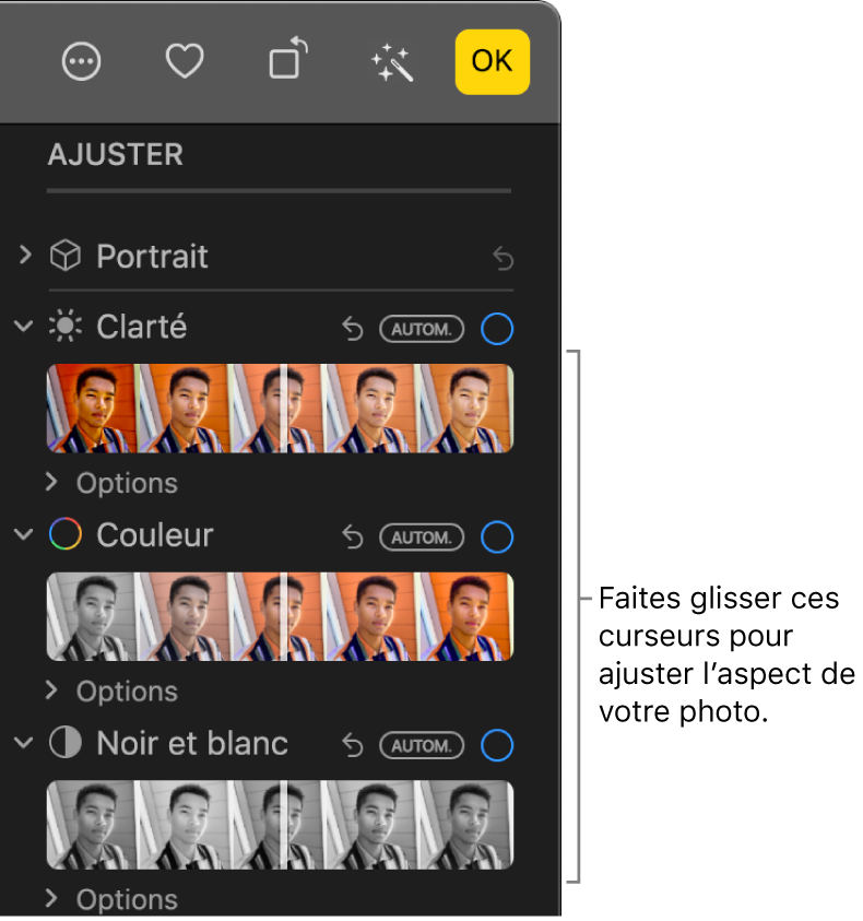 Les curseurs Clarté, Couleur et Noir et blanc dans la sous-fenêtre Ajuster. Un bouton Autom. s’affiche au-dessus de chaque curseur.