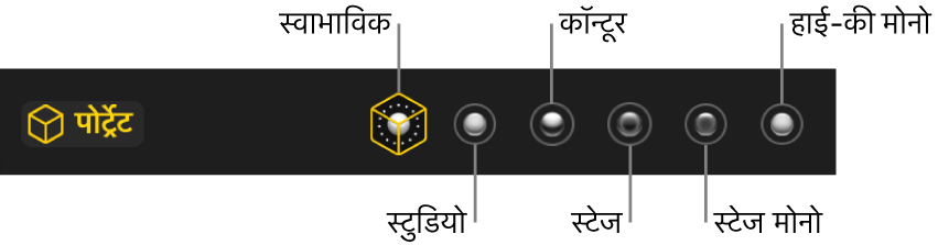 पोर्ट्रेट मोड लाइटिंग प्रभाव के विकल्प, जिसमें शामिल हैं (बाएँ से दाएँ) प्राकृतिक, स्टूडियो, कॉन्टूर, स्टेज, स्टेज मोनो और हाई-की मोनो।