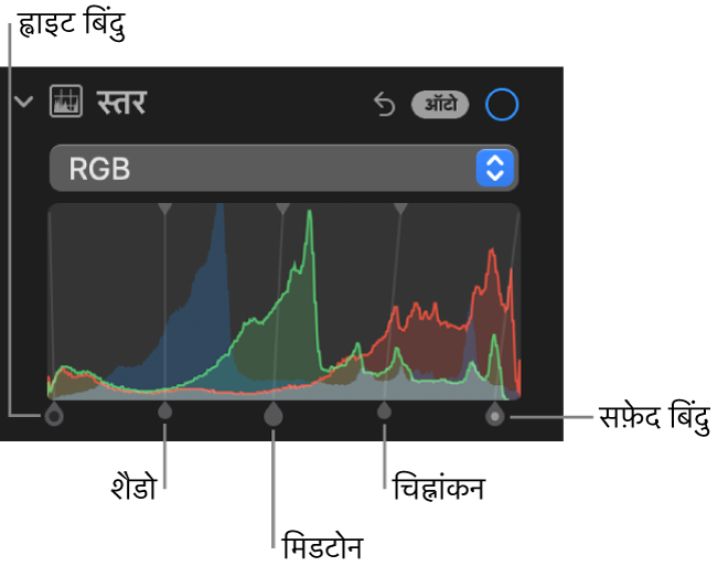 ब्लैक पॉइंट, शैडो, मिडटोन, चिह्नांकन और ह्वाइट पॉइंट (बाएँ से दाएँ) सहित नीचे की ओर दिया गया हैंडल वाला RGB हिस्टोग्राम दिखाता ऐडजस्ट करें पेन में स्तर नियंत्रण।